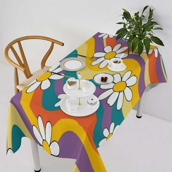 Groovy Flowers Tablecloth, 60s 70s Retro Floral Cute Hippie White Chrysanthemum Flower Print Table Cloth Cover for Party Picnic Tabletop Dining Room Indoor and Outdoor Dining 60x102inch