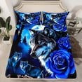 thumbnail image 2 of Homewish 4D Mystic Wolf Queen Sheet Sets for Teens, Romantic Blue Rose Flat Sheet, Jungle Galaxy Moon Queen Fitted Sheet, Microfiber Bedroom Decor, 4 Pieces, 2 of 7