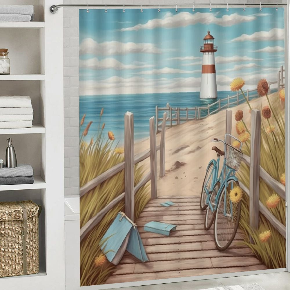 Pratyus Beach Lighthouse Bike Shower Curtain Waterproof Bath Decor Set with Hooks, Kids Bathroom Decor 100% Polyester Washable Curtain, Various Sizes 60"x72