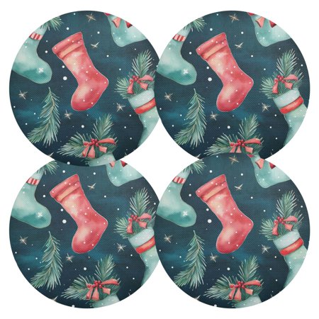 

Ryvnso Christmas Socks Leaves Round Plate Mats Dining Table Placemat Set of 4 for Holiday Decoration