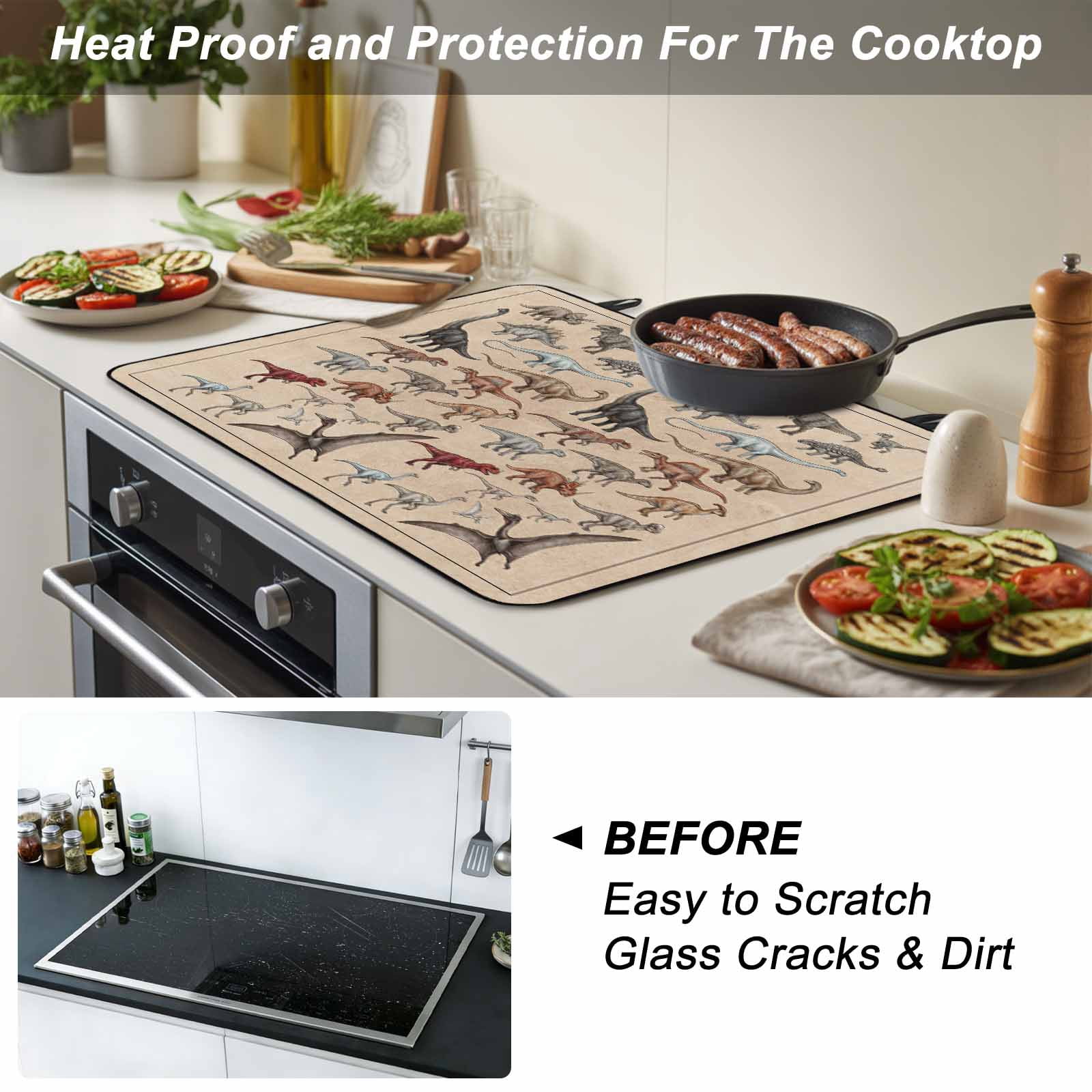 Retro Dinosaurs Stove Top Cover for Electric Stove, Heat-proof & Non Slip Glass Top Stove Cover Protector, Vintage Primitive Wild Animals Brown Kitchen Flat Cooktop Rubber Mat 24x21 Inches