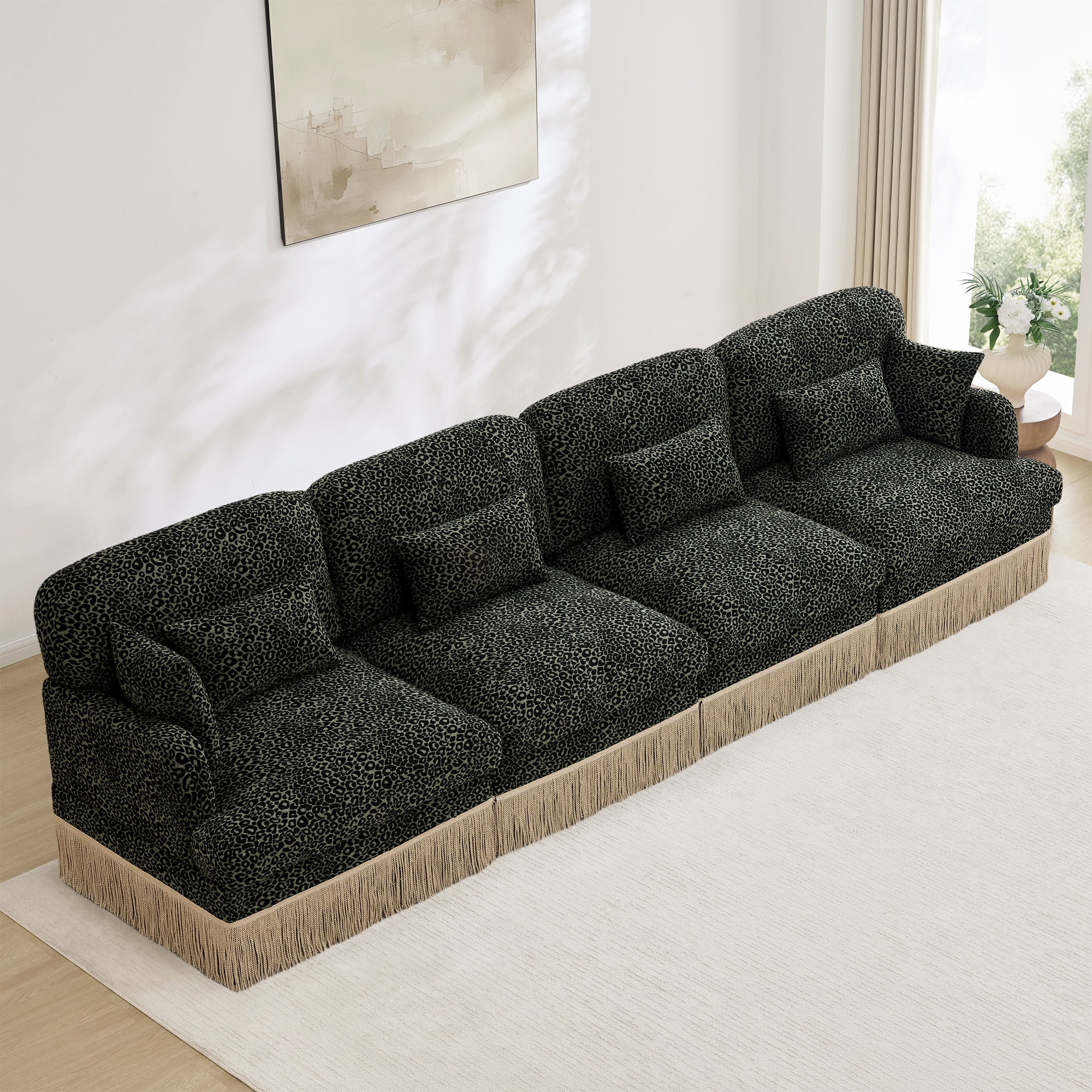 131" Chenille Leopard Tassel Deep Seat 4 Seater Sofa Couch with 6 Throw Pillows