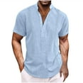 thumbnail image 2 of Jinhomg Mens Cotton Linen Henley Shirts Lightweight Comfy Short Sleeve Tropical Beach Tops Summer Button V-Neck Collared Hawaiian Pullovers Items for Men Light Blue XXL, 2 of 6
