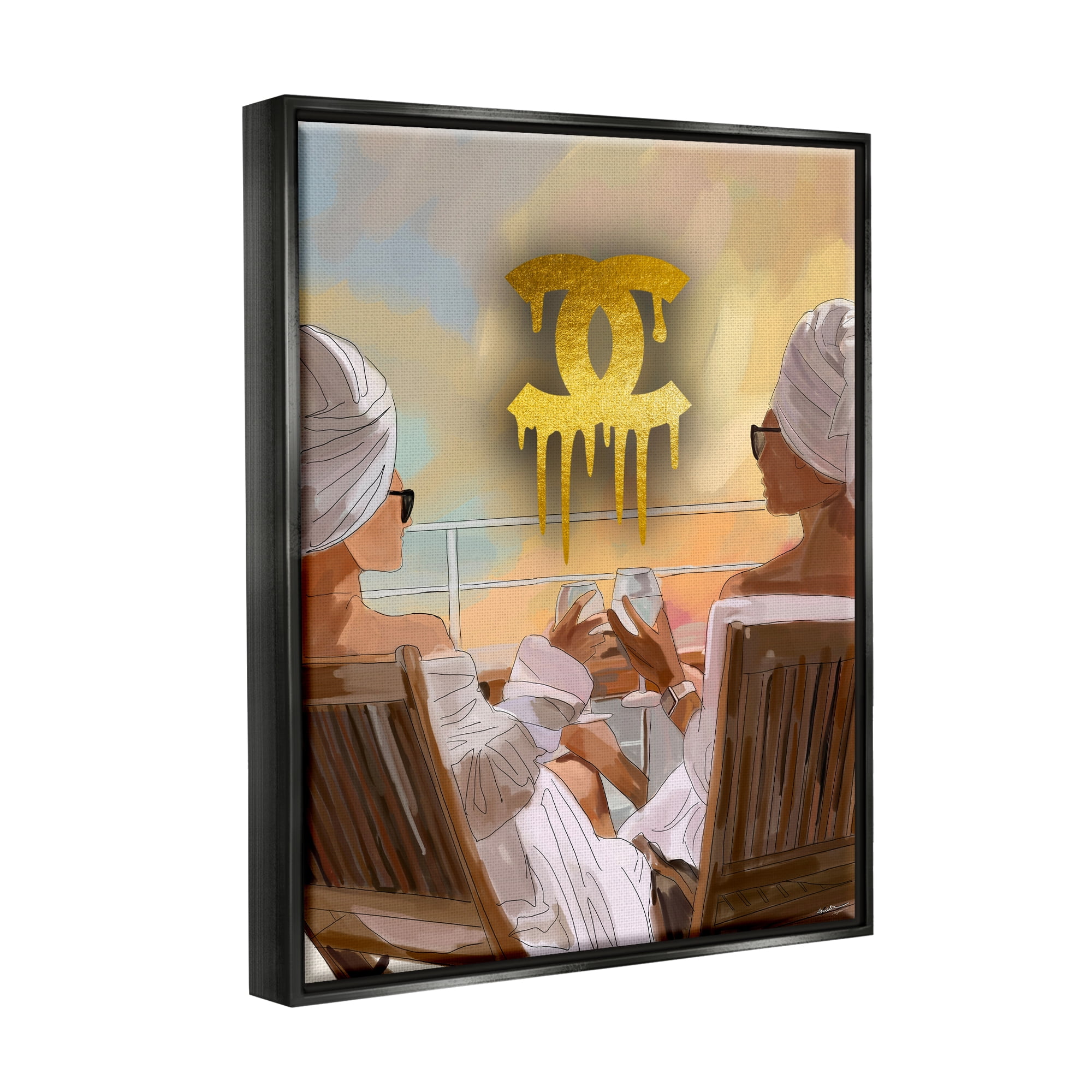 Stupell Industries Glam Girls & Wine Beauty & Fashion Painting Black Floater Framed Art Print Wall Art, 25 x 31