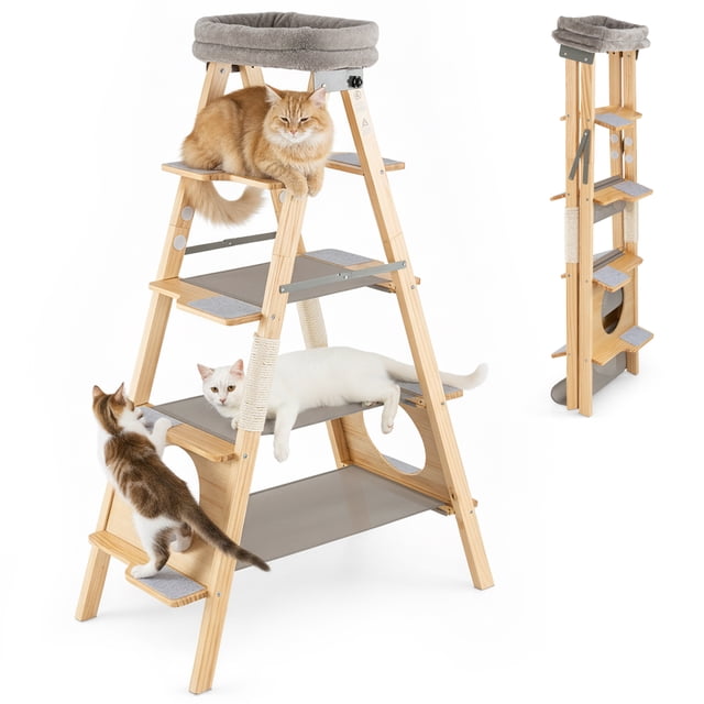 Gymax Modern Wooden Cat Tree Foldable Cat Climbing Furniture w/ Ladder Design Natural