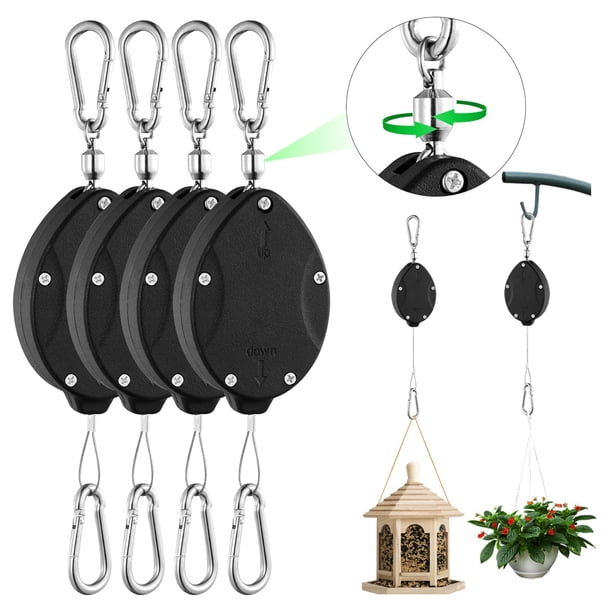 Paquete de 4 perchas retráctiles resistentes para plantas, poleas ajustables con cuerda de acero inoxidable de 63 pulgadas, ganchos dobles para colgar plantas, comederos de pájar