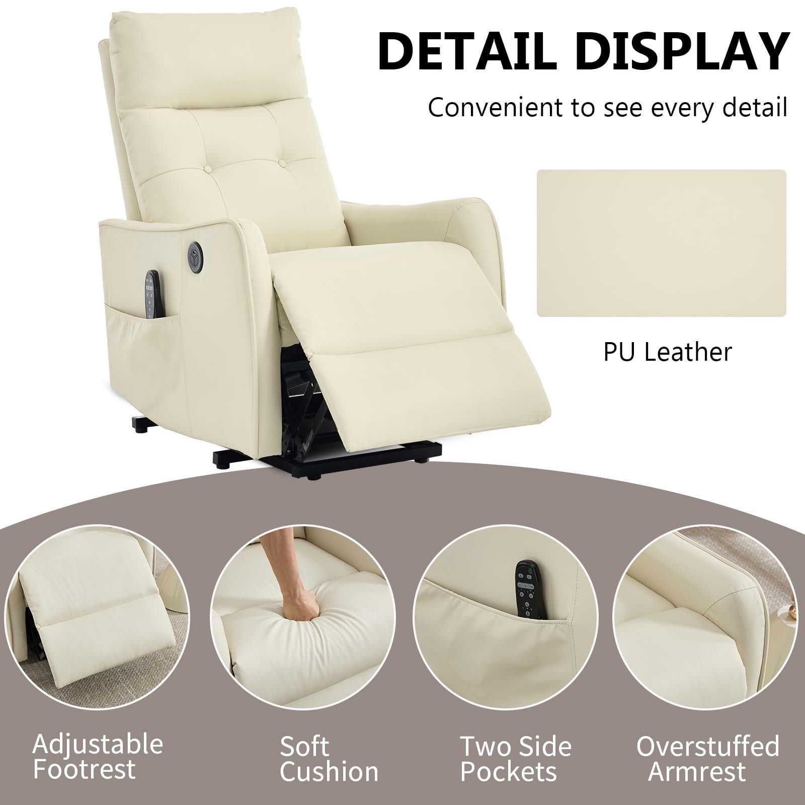 MAYEERTY Beige PU Leather Power Lift Recliner Chair, Massage Heat USB Port 25"x36"x39" for Elderly