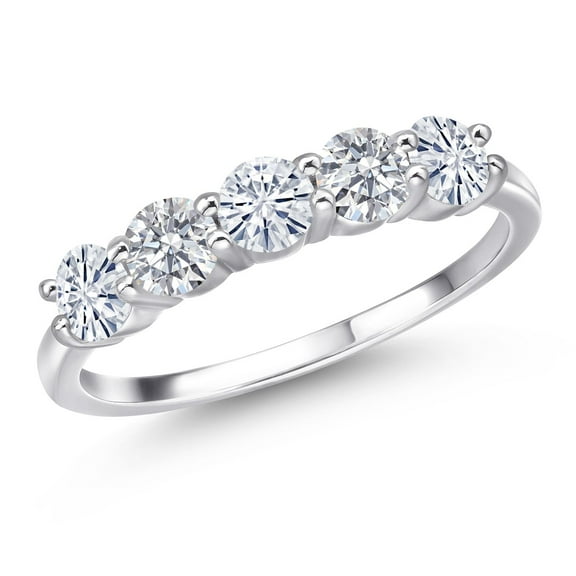 Gem Stone King 925 Sterling Silver White Moissanite and E - F Lab Grown Diamond Wedding-Bands Ring for Women | 1.23 Cttw | Round 4MM | Gemstone Birthstone | Size 6