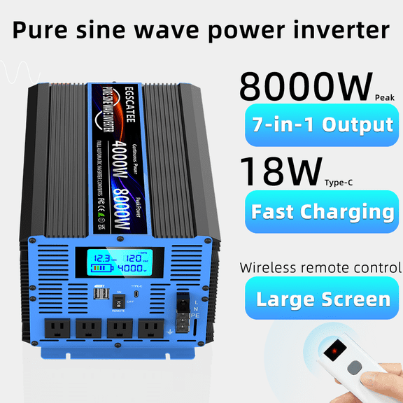 4000W Continuous (8000W Peak) Pure Sine Wave Power Inverter 12V DC to 110V 120V AC Converter with LCD Display – For Truck, RV, Emergency, Solar System