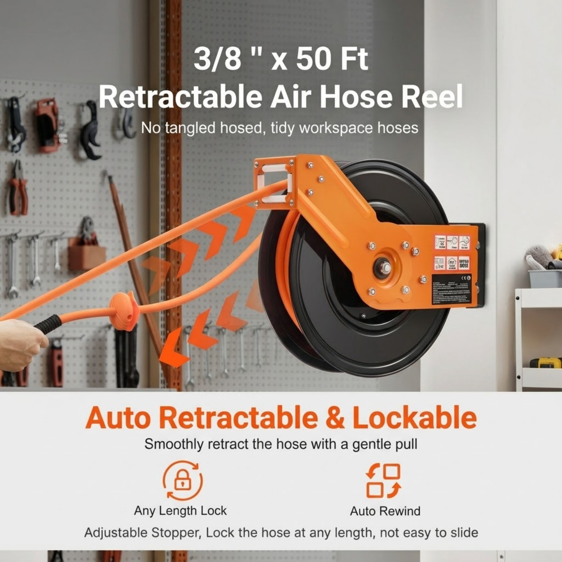 JUVOCT 3/8" x 50 ft Retractable Air Hose Reel, 300 PSI Heavy Duty Rubber Hose