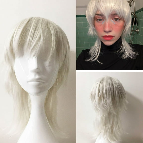 Nevermindyrhead White Mullet Wig, Medium Straight Layered Wig with Fringe Bangs, Synthetic  Cosplay Costume Wig for Men Women