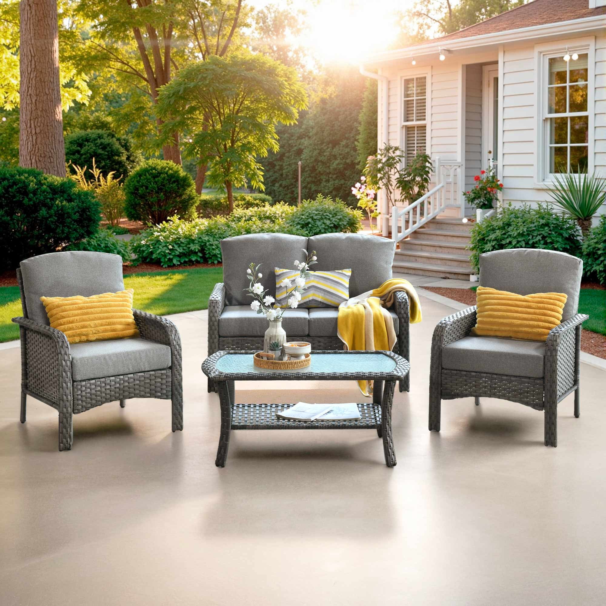 Ovios 4 Pieces Patio Furniture Outdoor Sectional Set Modern High Back All Weather Wicker Conversation Set with Coffee Table for Garden, Backyard, Dark Gray