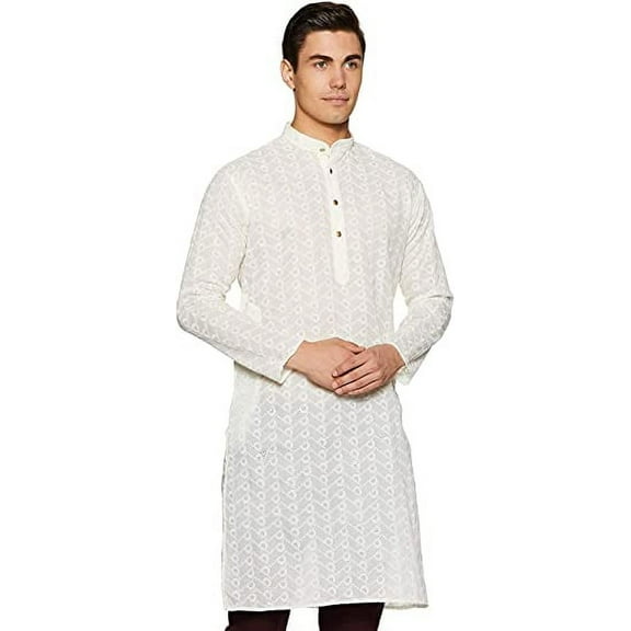 Royal Kurta Mens Chikan Embroidered Cotton Kurta Beige 44