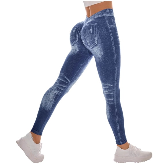 Ladies Leggings Petite,V Back Faux Denim Jeggings for Women Butt Lifting Tummy Control High Waisted Jeans Yoga Pants Scrunch Leggings