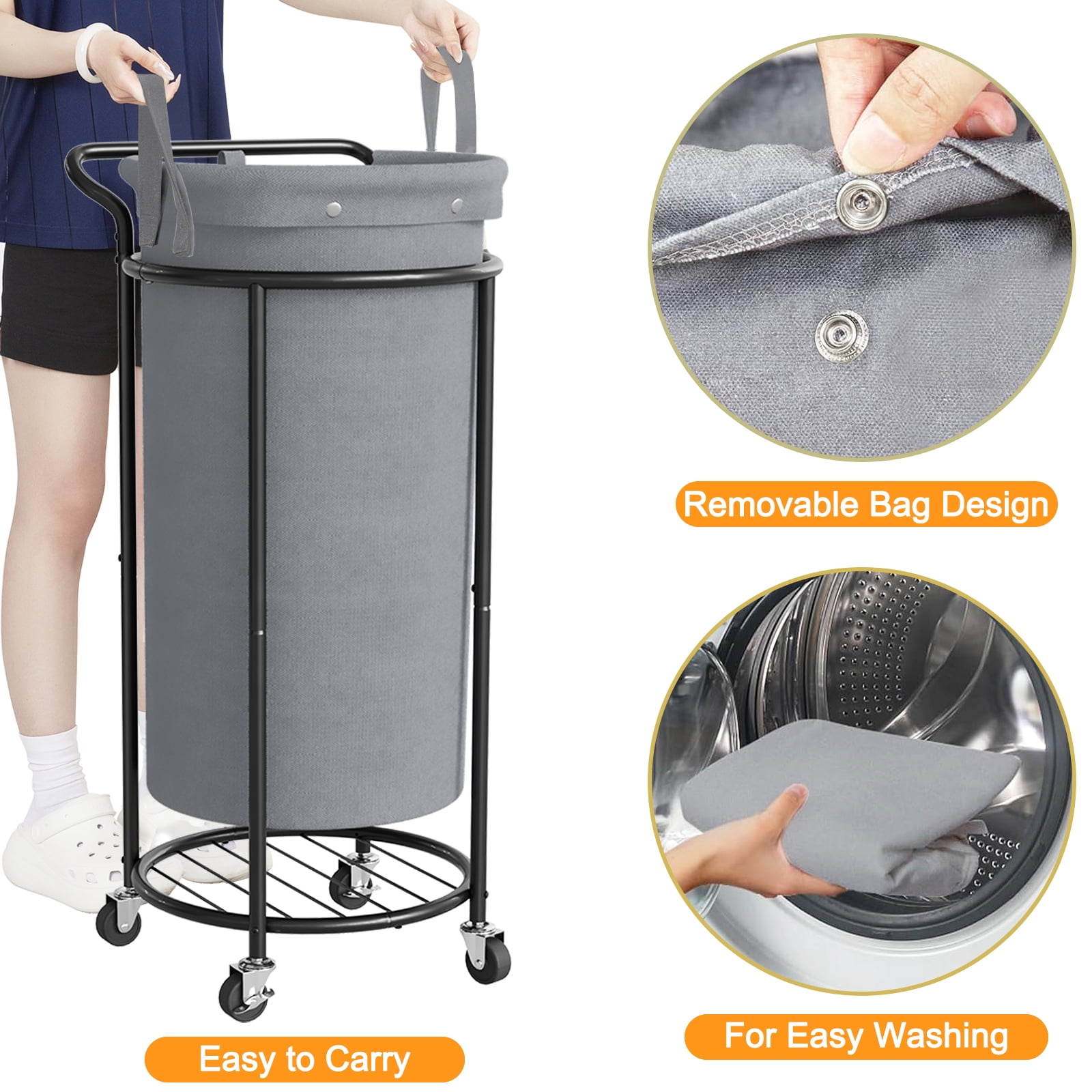 BGTREND 110L Rolling Laundry Hamper with Removable Bag, Round Steel Frame and Handle, Gray