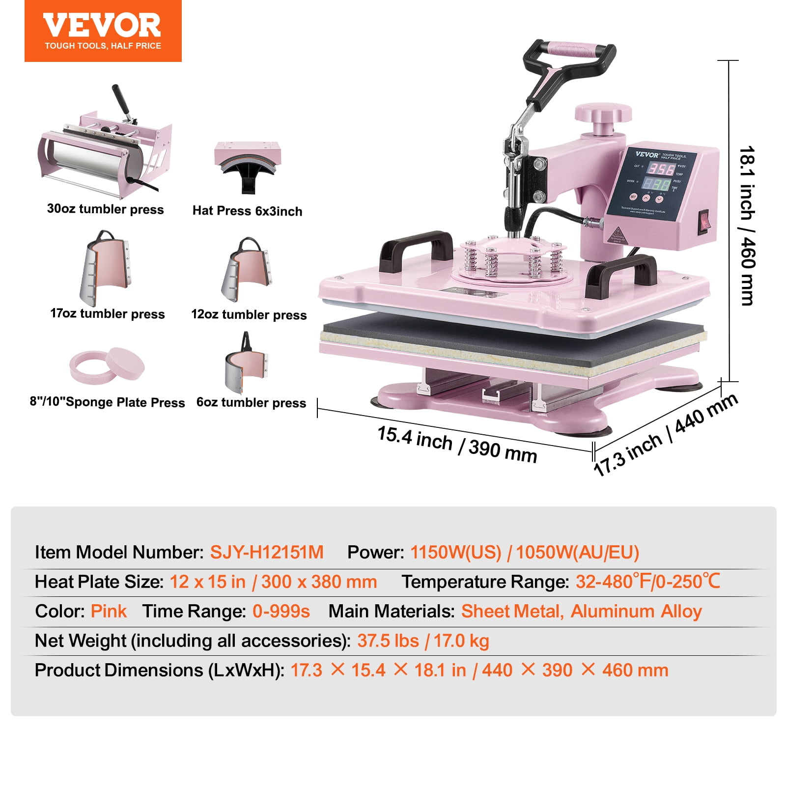 VEVOR Heat Press Machine, 12 x 15 inch, 8 in 1 Heat Transfer Machine with 6-30 oz Tumbler Press, 360° Swing Away T-Shirt Pressing, Digital Precise Control, for T-Shirts/Mugs/Hats/Plates, Pink