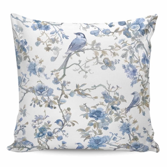 Throw Pillow Covers 20x20 Inch, Blue Floral Birds Decorative Pillow Cases for Couch Sofa Bed, Farmhouse Flowers Pastoral Cotton Linen Square Home Decor Pillowcases with Hidden Zipper