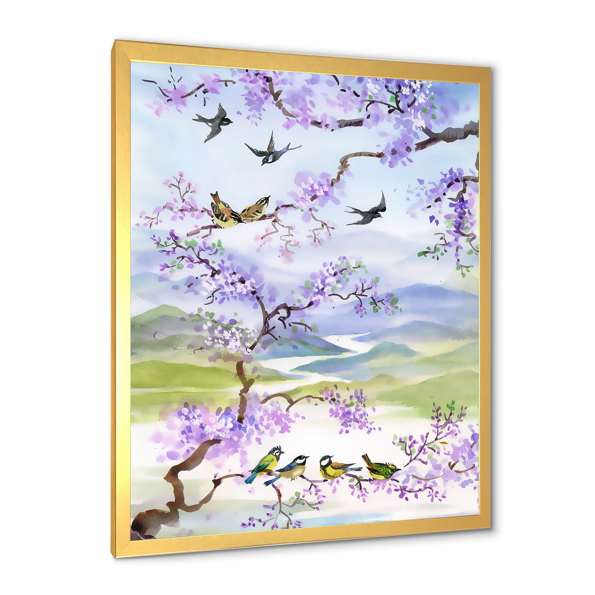 Designart 'Birds Sitting On Cherry Branch' Traditional Framed Art Print