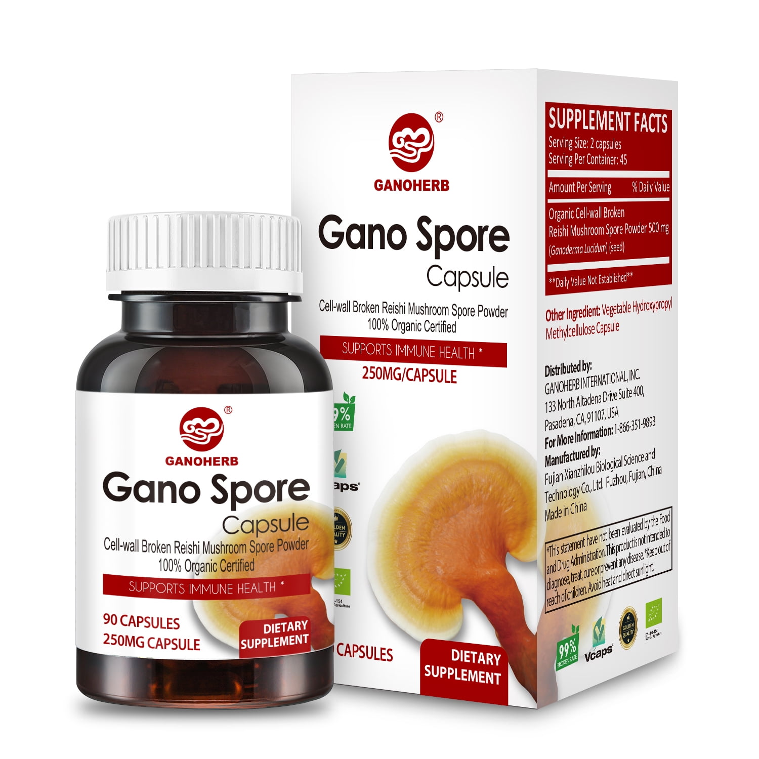 GANOHERB Organic Ganoderma Lucidum Reishi Mushroom Capsules with Reishi Spore Powder, Vegan, Non-GMO, Gluten Free, 90 Veggie Capsules