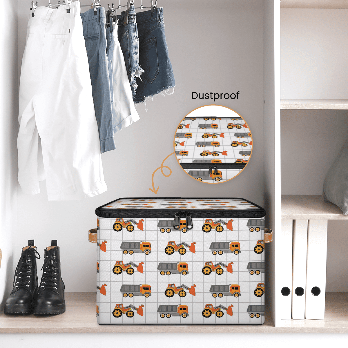 Storage Bins with Zipper Lid,Collapsible Organizer Box for Bedroom Living Room,Toys Clothes Pet Stuff, Construction Vehicle Print 14x10.2x10.4 Inch