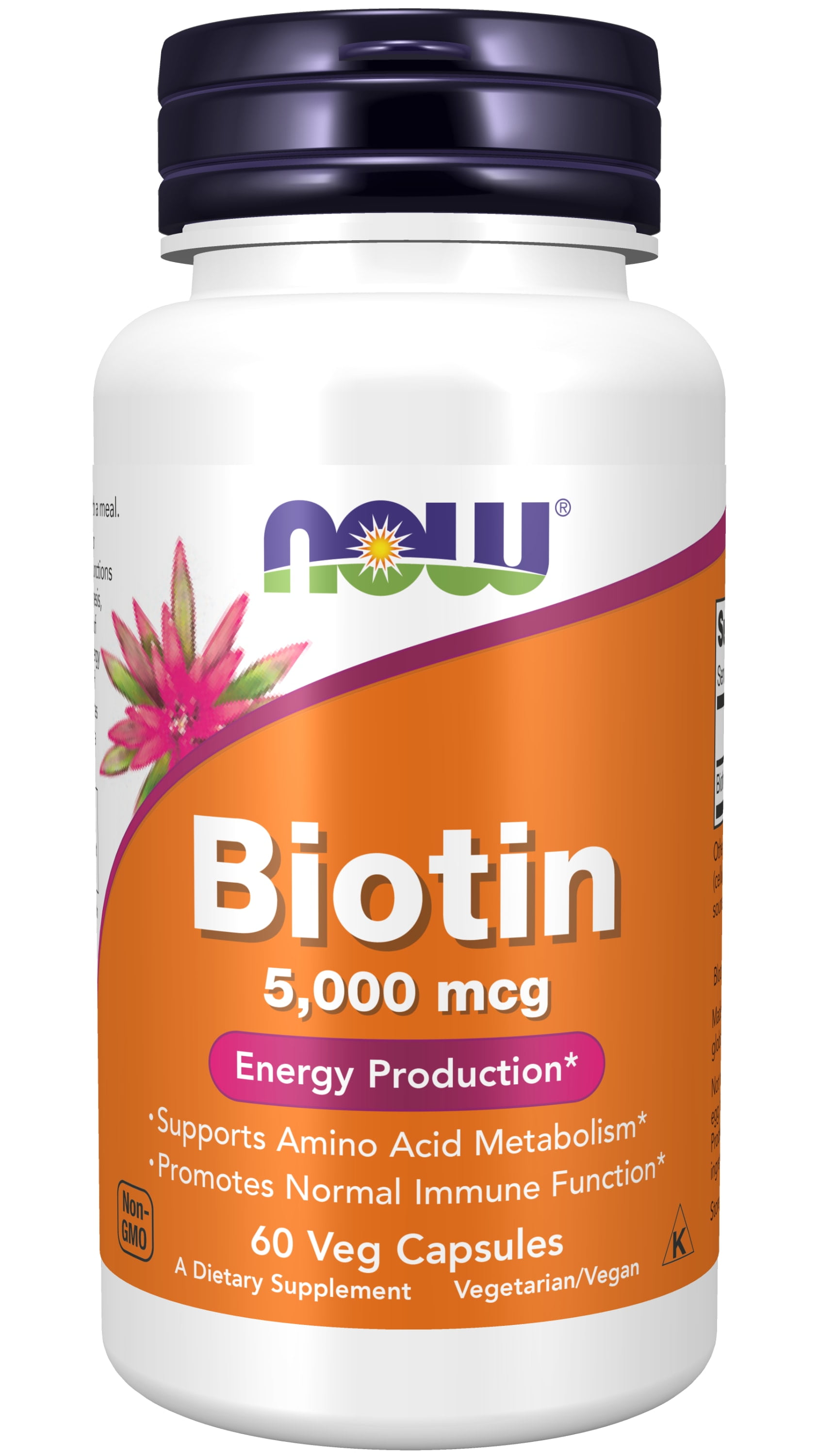 NOW Supplements, Biotin 5,000 mcg, Amino Acid Metabolism*, Energy Production*, 60 Veg Capsules
