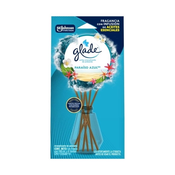 Varitas Aromatizantes Glade Paraíso Azul 100 ml Frasco y 6 Varitas