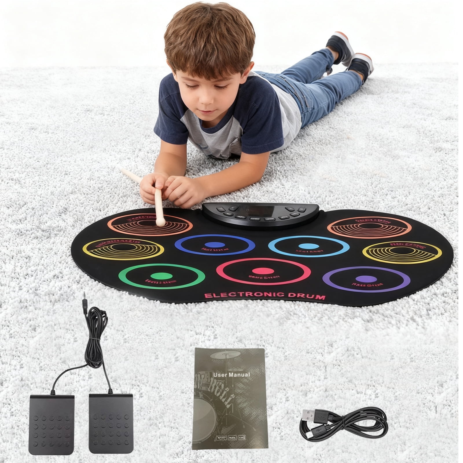 HUISZJ Electronic Drum Set, Flexible Roll-Up Drum Kit with USB Cable, Portable Colored Hand Rolled Drum Pad Percussion Instrument
