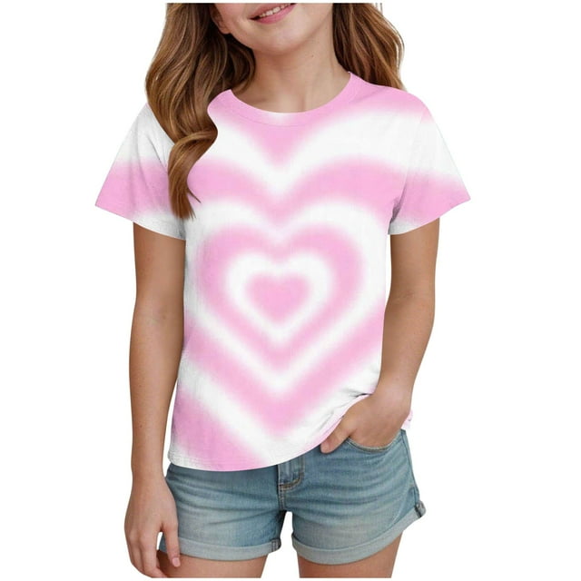 Floleo T-Shirt Décontracté à Manches Courtes et Col Rond avec Imprimé Cœur de la Saint-Valentin pour Garçons et Filles de 3 à 14 Ans, Mignon, Confortable, Haut de Tous les Jours, Chandail Graphique Ludique (Rose, 13-14 Ans)