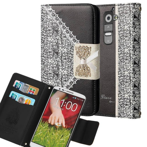 LG G2 / D802 Bow Luxury PU Leather Flip Case Wallet Cover Black