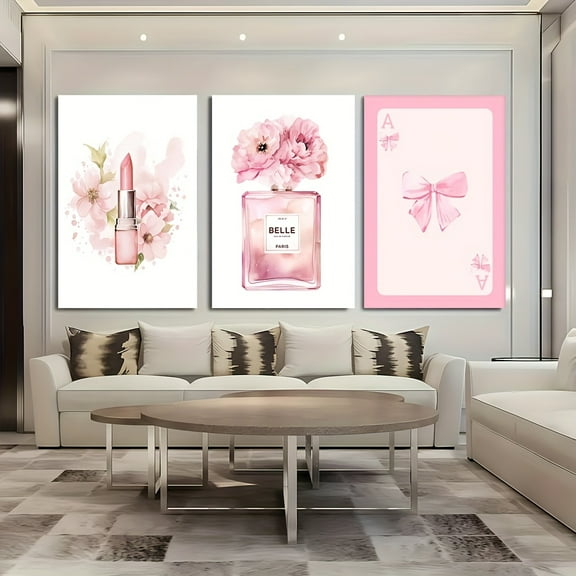 3pcs, 2D Frameless Canvas Art, Decorative Painting Set, Luxury Perfume Poster, Pink Fragrance Print, Fashionable Art Print, Parisian Art, Bedroom Wall Decoration Kit, 2D Flat, Perfect for Room Decor
