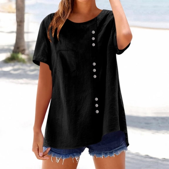 Conairie Linen Shirts For Women Solid Short Sleeve Regular Fit Crew Neck Button Shirt Comfortable Soft Work Tee Pullover Outfits Black L