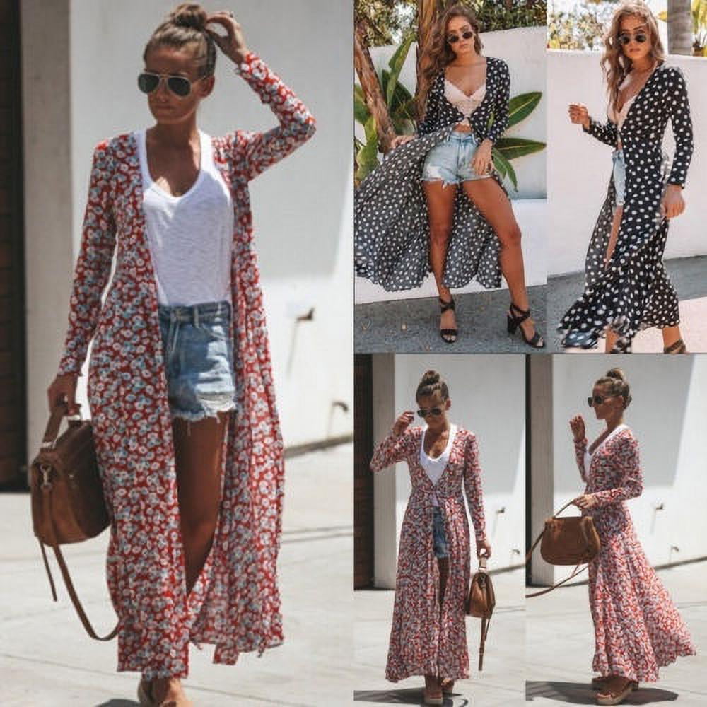 Women's Kimono Beach Floral Print Boho Summer Cover Up Sleeve Maxi Long  Dress - Walmart.com