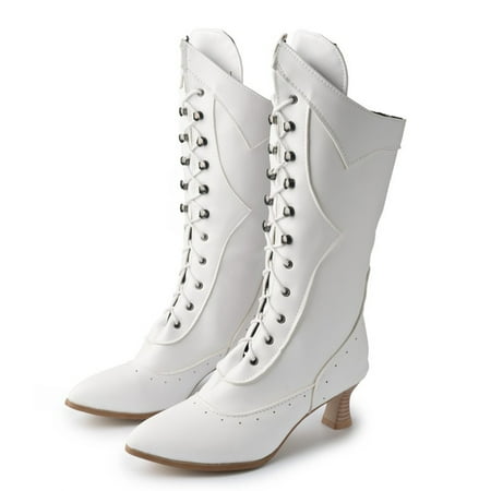 

Tejiojio Clearance Women Shoes Winter Warm High Heel Casual Retro British Style Solid Color Lace Up Pointed Mid Calf Knight Boots