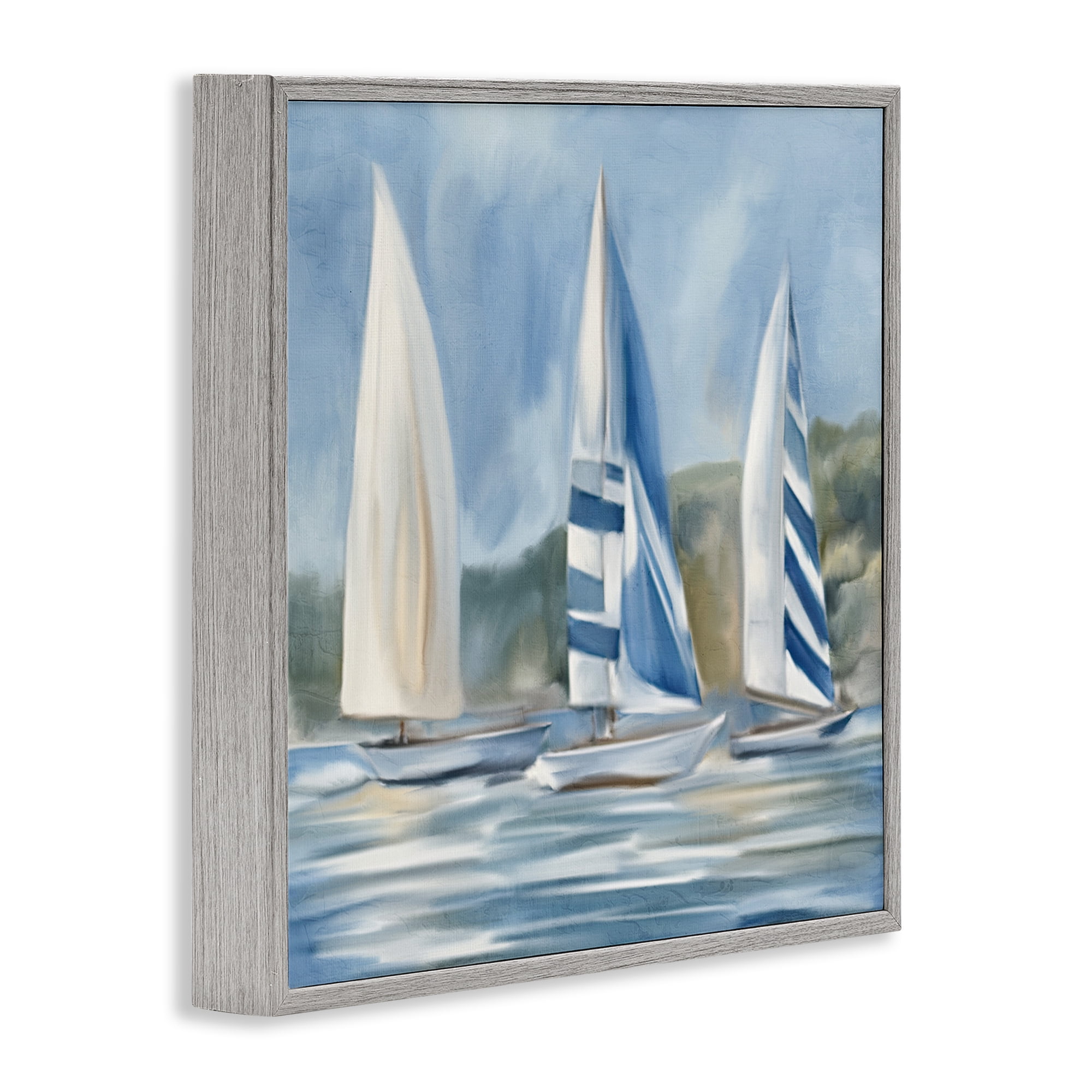 Stupell Industries Sailboat Trio Drifting Coastal Painting Gray Framed Art Print Wall Art, 12 x 12