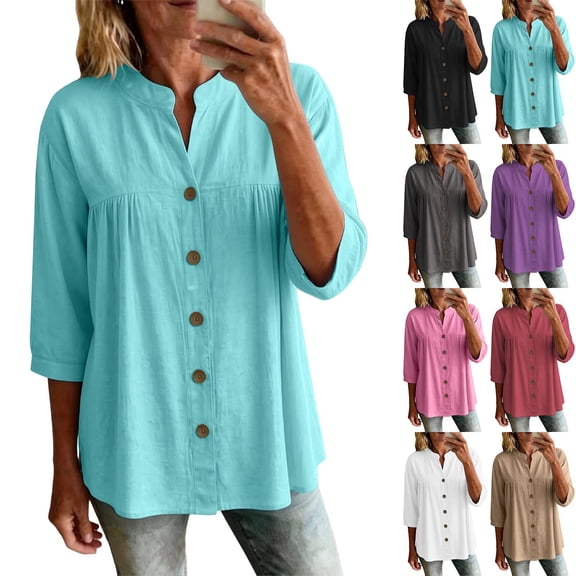 Lcziwo Womens Linen 3/4 Sleeve Tops Pleated V Neck Button Down Cotton Shirts Oversized Casual Summer Vacation Blouses 2026 Khaki,S