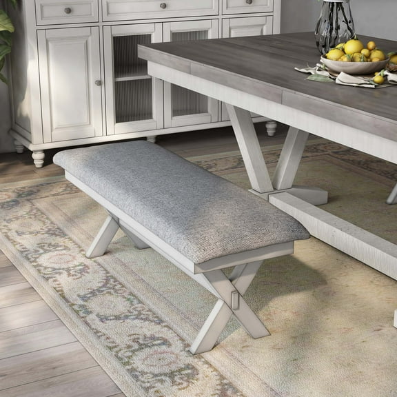 Paiz Padded Seat Solid Wood Bench, Gray and Antique White