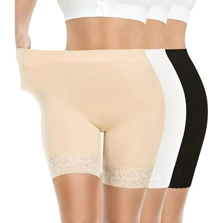 Yeblues 3 Pack Lace Slip Shorts for Under Dresses Women Smooth Anti-chafing Boyshorts Seamless Underwear Safety Shorts (Black+Nude+White  M)