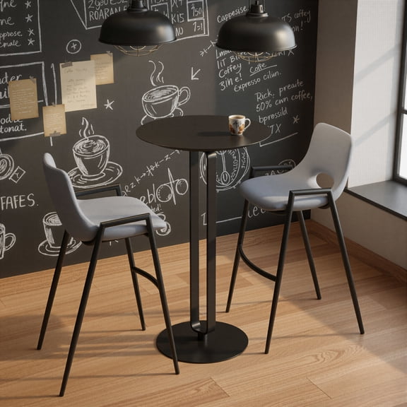 Derry Bar Table Black Bar Table, Modern Style, Faux Wood MDF round shape tabletop, Steel, Indoor Bar