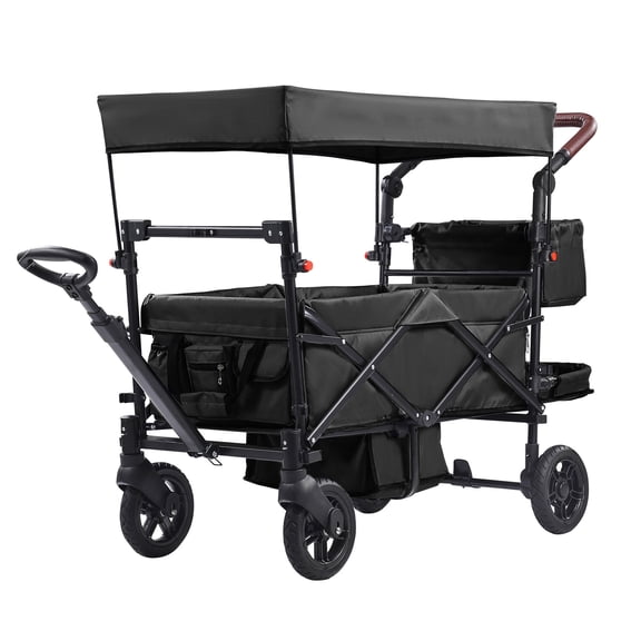 Wagon Stroller for 2 Kids, Push Pull Quad Collapsible Stroller with Adjustable Handle, Encircling Harness Removable Canopy, 4 Wheels with Brakes, Mutifunction Tandem Stroller for Camping Black