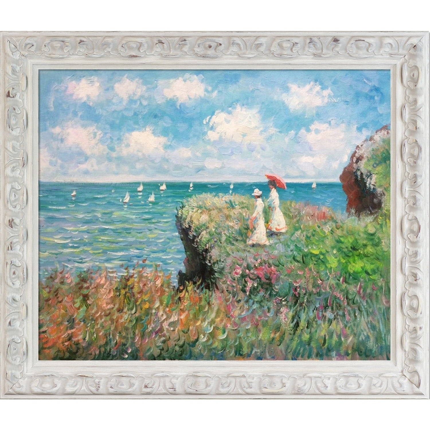 Multi-Color La Pastiche Hand Painted Oil on Canvas Cliff Walk At Pourville by Claude Monet Framed 31 x 27