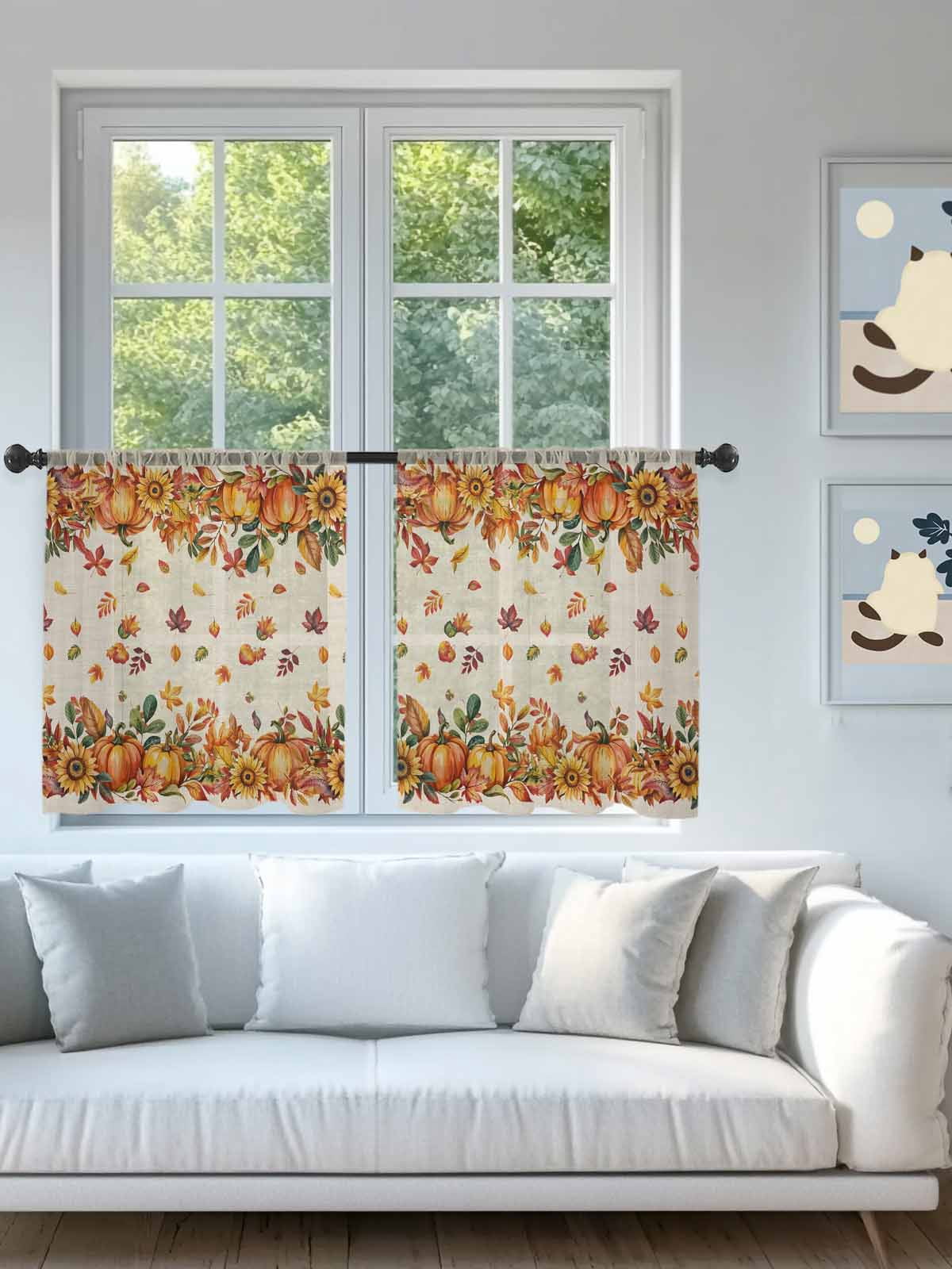 Sheer Curtains 54 inches Long 2 Panels Set Pumpkin Sunflower Fall Maple Leaf Thanksgiving Retro Linen Tiers Sheers Rod Pocket Small Window Short Curtains for Kitchen Cafe, Each 52" W x 54" L