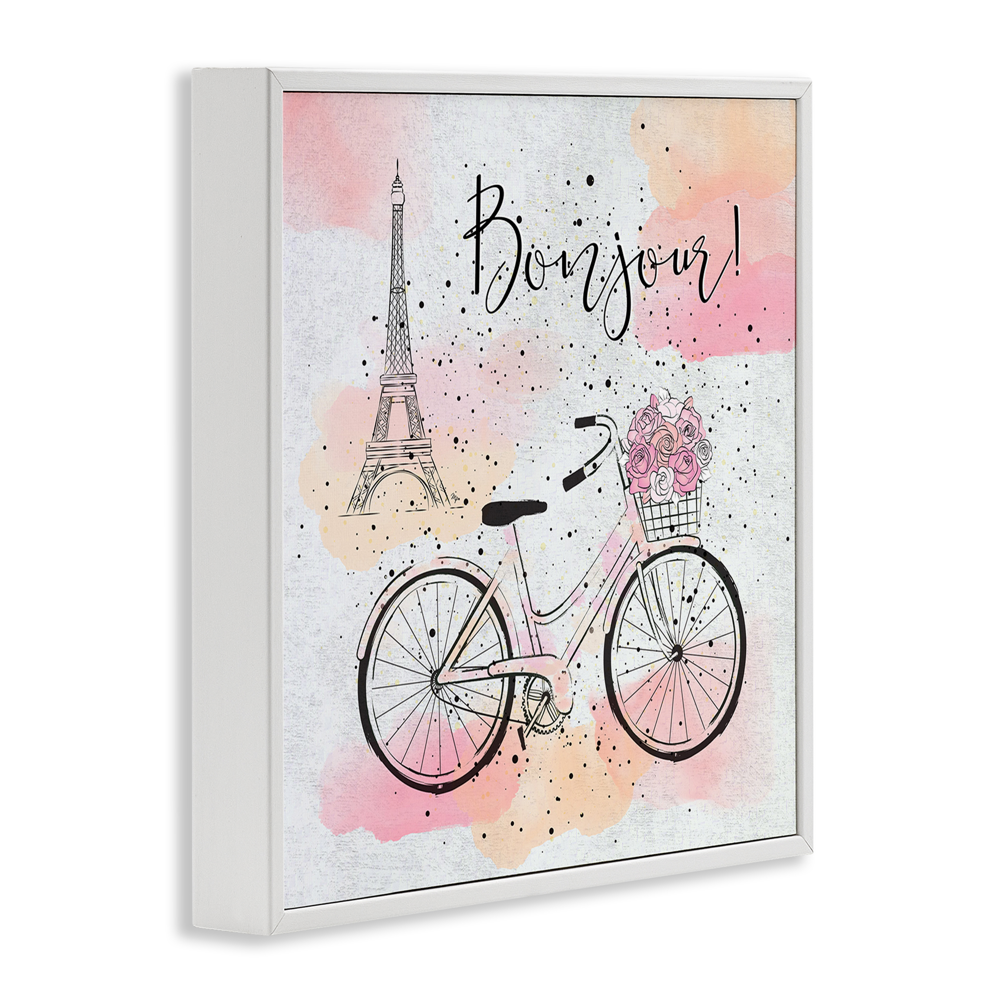 Stupell Industries Bonjour Paris & Bicycle Town & City Painting White Framed Art Print Wall Art, 12 x 12