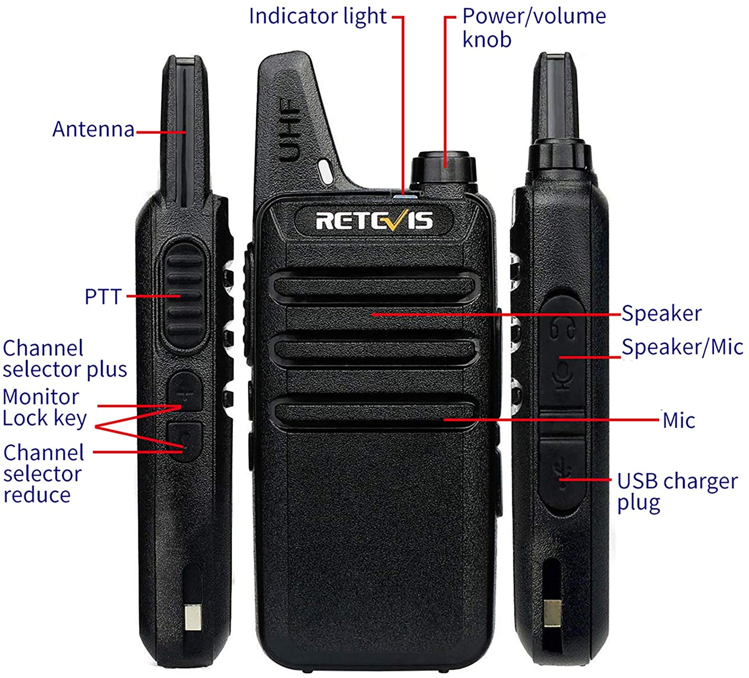 RT22 Portable Long Range Rechargeble Walkie Talkie for Adults(2 Pack,  Black)