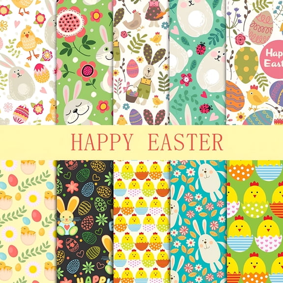 AUQ 10Pcs Easter Cotton Fabric Bundles Easter Bunny Egg Carrot Flower Fat Quarters Pastel Easter Spring Quilting Patchwork for DIY Handmade Craft Party Decor