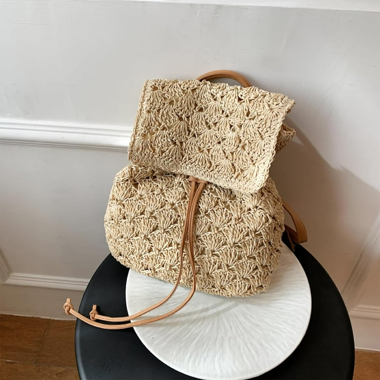 Kukuzhu Summer Handmade Woven Crochet Straw Backpack Flap Drawstring Boho Backpack Purse for Women Vacation Beige