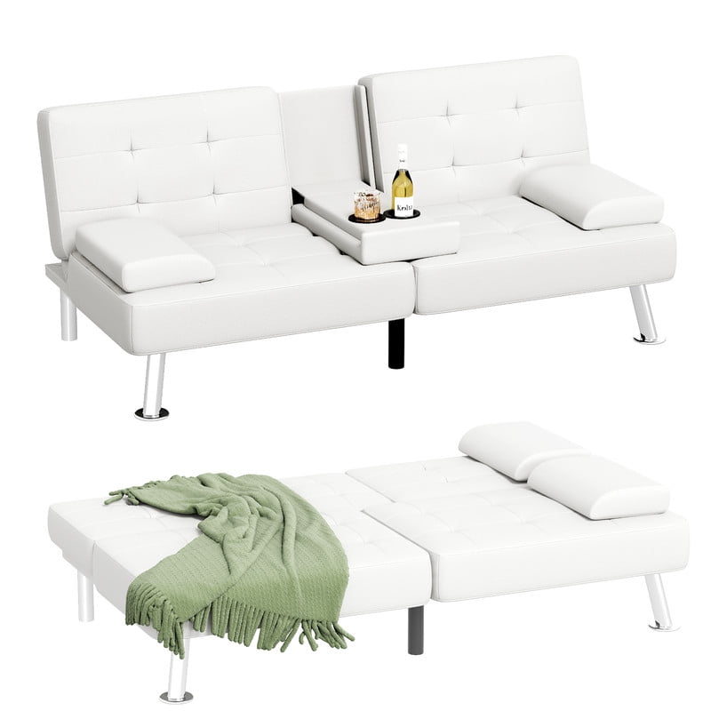Lacoo Linen Futon Sofa Bed Modern Convertible Sleeper Couch with Removable Armrests & Cup Holders for Living Room,Small Spaces,PU Leather White