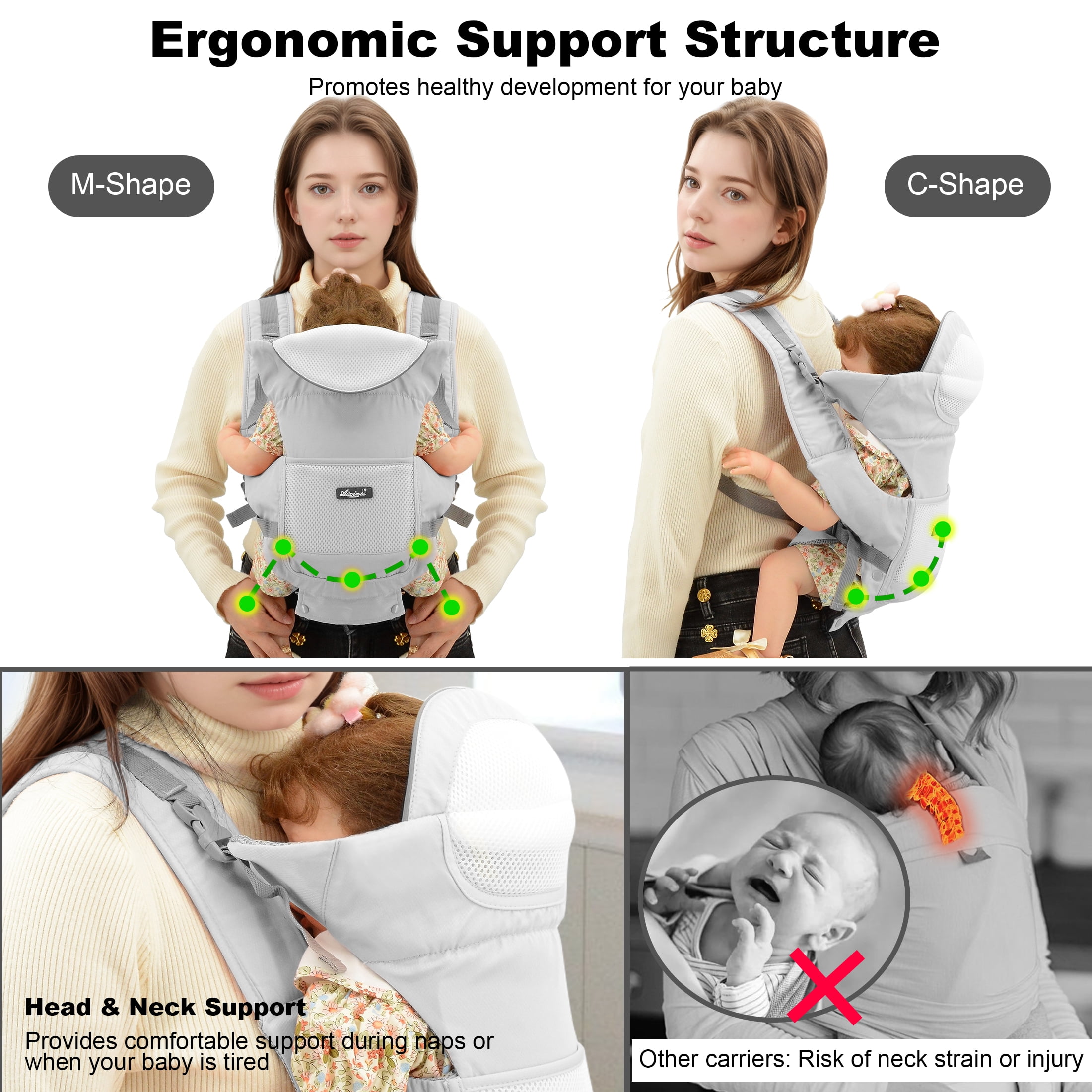 Derstuewe Baby Carrier, Baby Backpack Wrap for Infants Newborn with Hip Seat Lumbar Support , Soft Grey