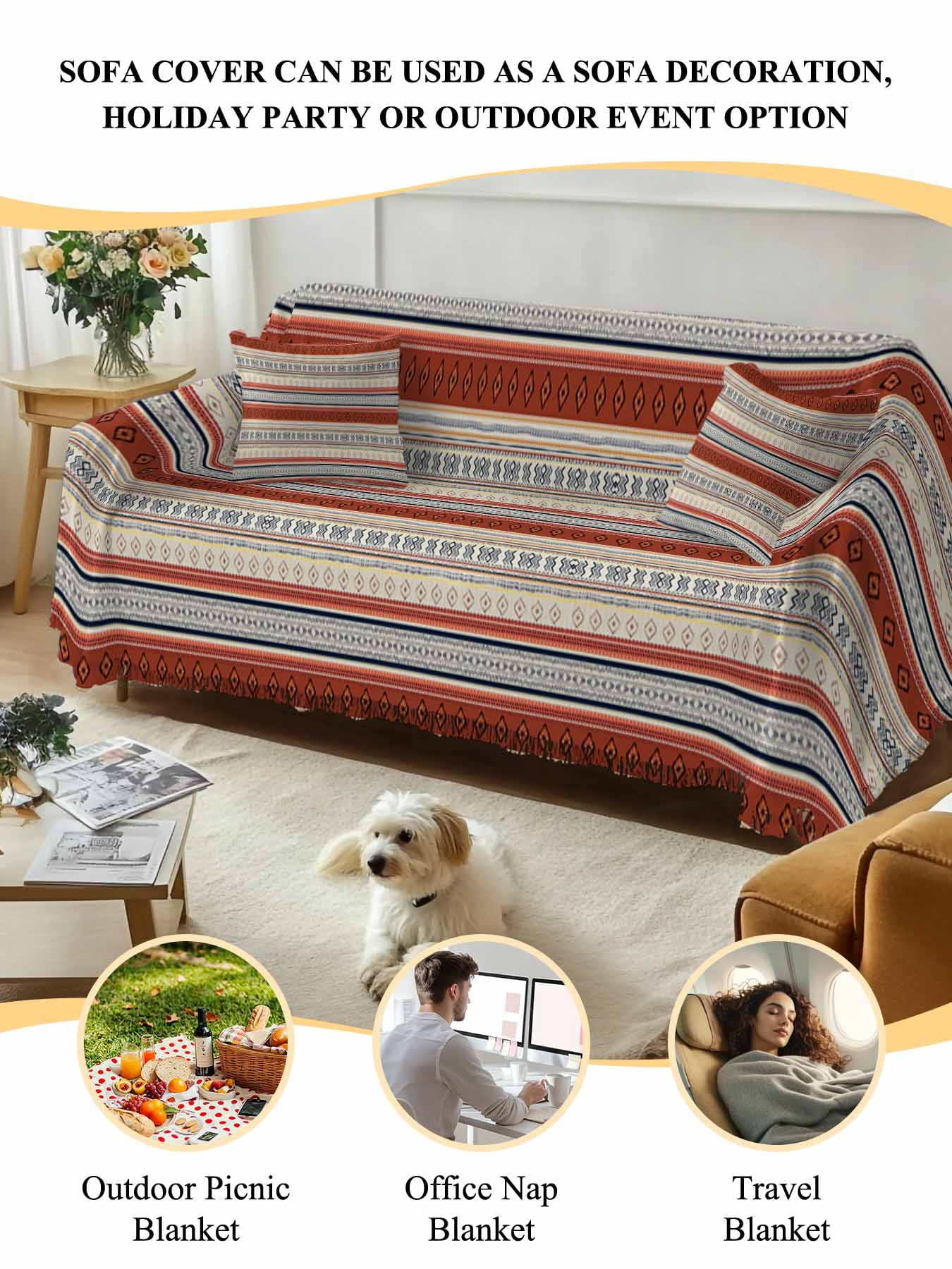 Brown Ethnic Boho Sofa Cover Blanket Couch Covers for Armchair Cushion,Couch Sofa Silpcover with Tassel,Living Room Bedroom Throw Towel Blanket Covers Modern Stripes Geometric Abstract S 71"x91"