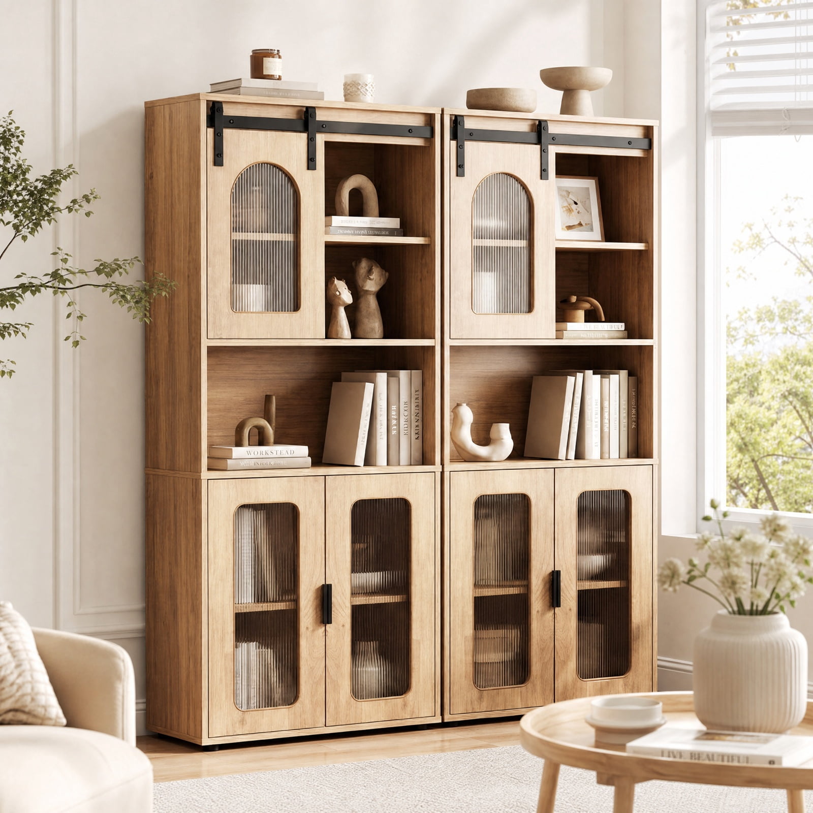 Vebreda Freestanding Bathroom Storage Cabinet, Farmhouse Bathroom Floor Cabinet with Sliding Barn Door, Large Storage Capacity