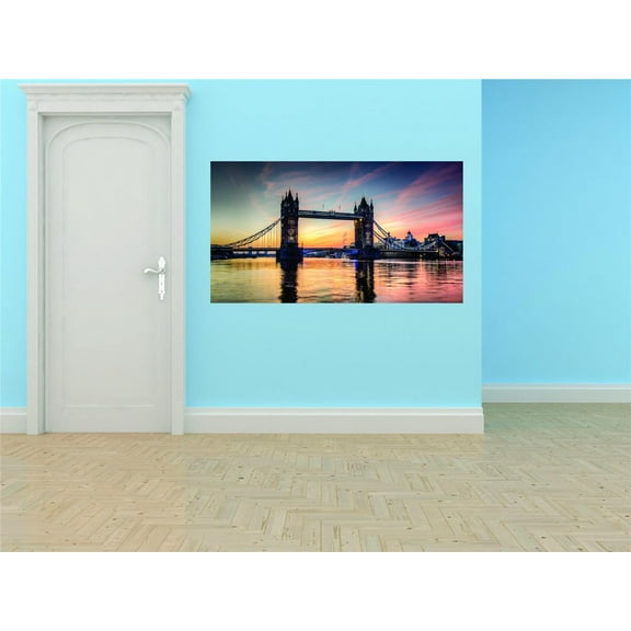 Design With Vinyl Artwork Tower Bridge London Victorian Gothic Wall Decal for Family - Style Outdoor Double-Leaf Bascule Drawbridge Themed Décor - Size: 18 In x 36 In